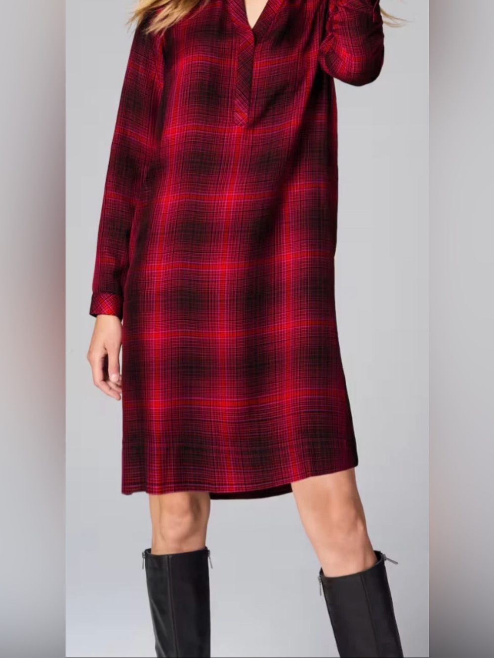J.Jill XS Petite Red Black Plaid Shirt Dress Long Sleeve Button Front Tartan